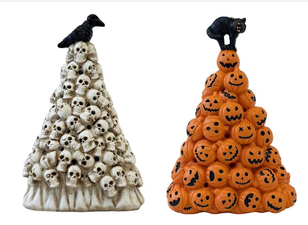 Halloween Skull Pumpkin Tree LED Light Set of 2 Crow Cat Polyresin NEW